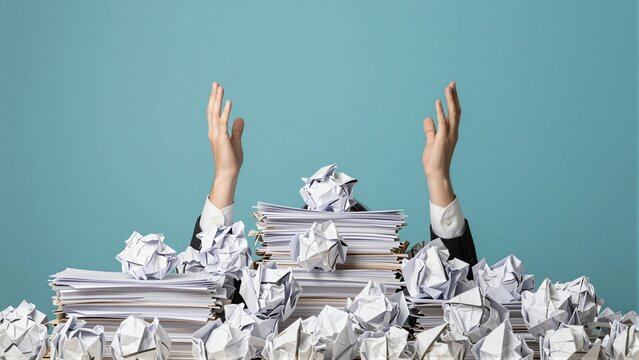 A businessman's arms rise in frustration from a mountain of documents and crumpled paper, symbolizing stress and workload.