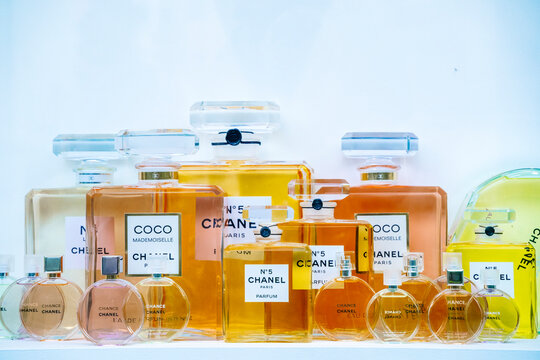Paris, France - April 20, 2026: Chanel No 5 perfume bottle close-up luxury fragrance