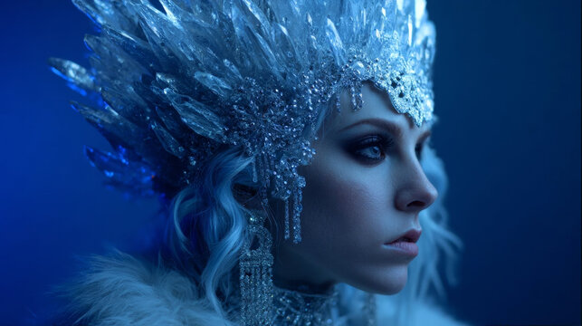 Cinematic portrait of a majestic winter queen wearing an intricate ice crystal crown and fur collar against a deep blue background
