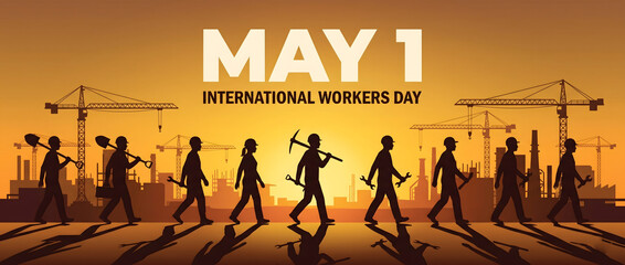 Labor day may 1st strong workforce walking under sunset.