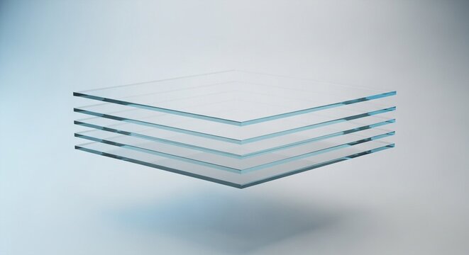Stack of five clear glass sheets with blue edges floating on a light blue background