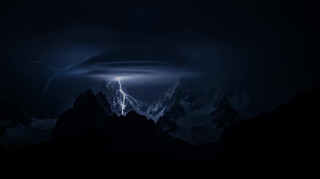 Dramatic view of snowy mountains struck by lightning under a stormy, dark sky