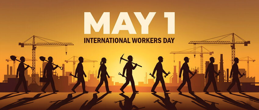 Labor day may 1st strong workforce walking under sunset.