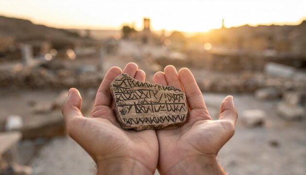 Human hands cradle an ancient cuneiform tablet revealing intricate wedge-shaped writing against a sunset-lit archaeological site.