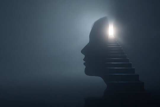 Conceptual mental health and self-development illustration showing psychological growth, inner transformation, personal progress, and the journey toward healing, clarity, resilience, and self-awarenes