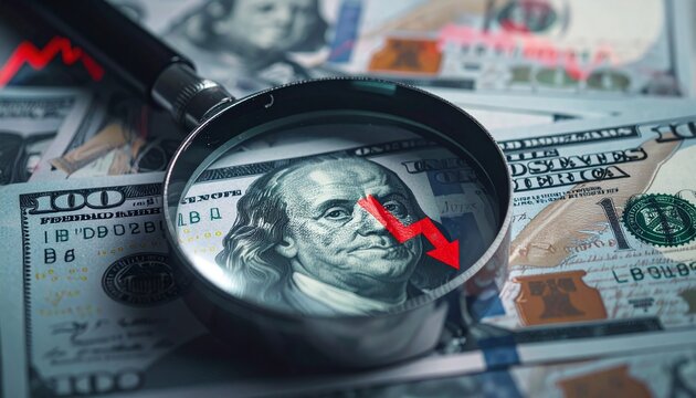 A magnifying glass reveals a declining graph on a US dollar bill amidst scattered banknotes.