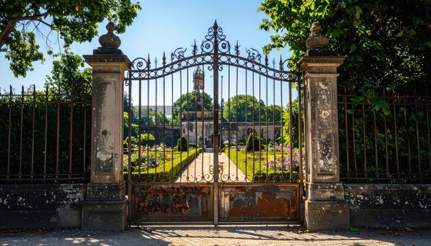 Ornate iron gate with swirling metalwork and decorative finials guarding an estate garden with a chateau beyond