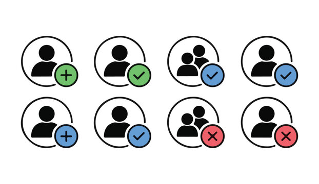 Set of user profile icons with add, check, and remove symbols in circles, person avatars.