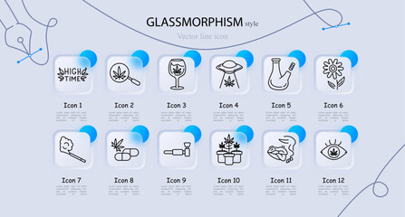 Cannabis culture set icon. High timer text, cannabis leaf magnifier, wine glass marijuana, ufo cannabis beam, bong pipe, hemp flower, smoking joint, cannabis pills, grinder tool, marijuana plants