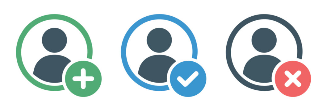 User profile icons with action symbols like add checkmark and delete for account management.