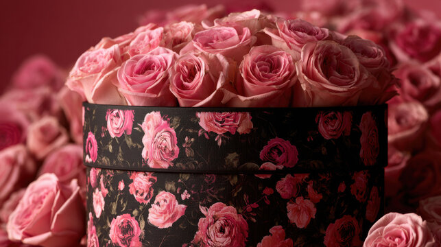 Pink roses in decorative floral hat box with rich red tones and romantic mood