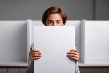 Naklejka premium Person holding white blanc paper while standing behind a voting booth screen, focus on anonymity and privacy of vote, minimalist composition
