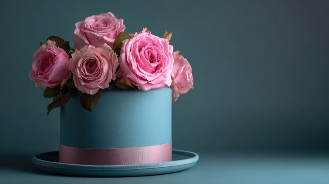 Soft pastel arrangement of pink roses in a blue hat box with ribbon in a clean studio setting
