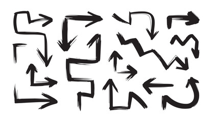 Fototapeta premium Rough sketch arrows, edgy and textured brushwork for modern graphic design on transparent background.