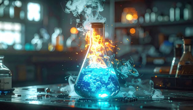 Energetic chemical reaction with vibrant blue liquid and orange flames in a laboratory beaker