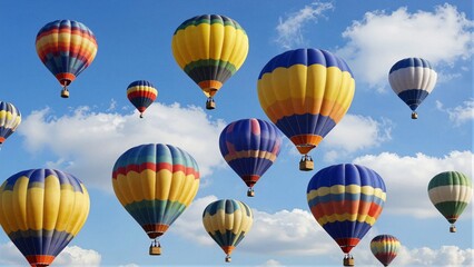 Fototapeta premium Multiple vibrant hot air balloons floating against a clear blue sky with soft focus white clouds.