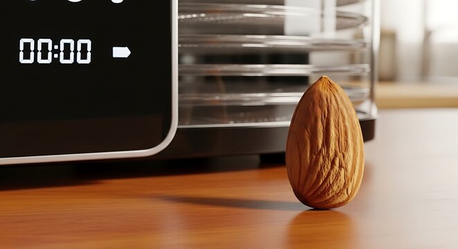 A single raw almond placed in front of a food dehydrator on a wooden kitchen counter.