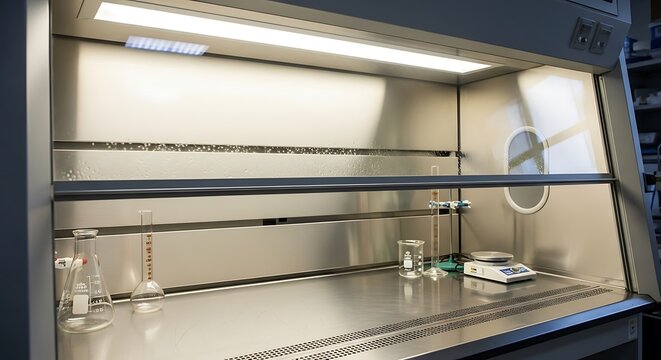 Laboratory laminar flow hood with stainless steel interior and equipment.