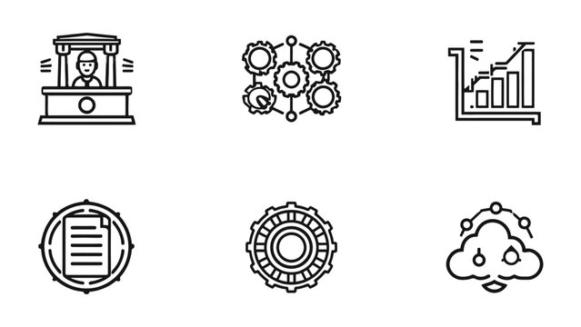Innovation Icon Set: A modern and visually appealing collection of minimalist icons representing various aspects of innovation, including business processes, data analysis.