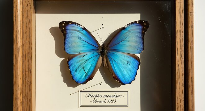 Framed Morpho menelaus blue butterfly specimen on display.