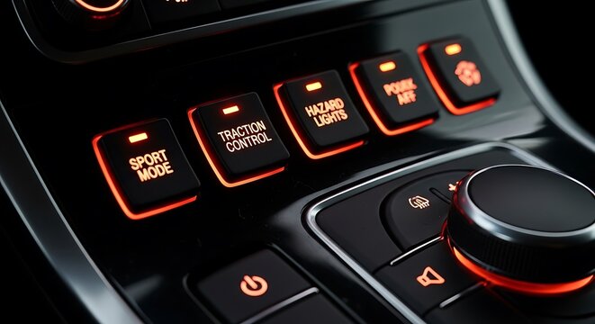 Modern luxury car interior console with illuminated sport mode and traction control buttons.