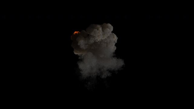 Exploding fire and billowing smoke on alpha channel. Detonation of fire and rising smoke. 3d animation explosion of fire and smoke. Realistic explosion with fireball and thick smoke
