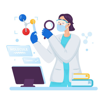Female Scientist Analyzing Molecular Cells Vector Illustration