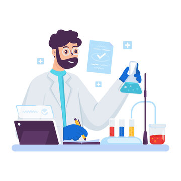 Laboratory Scientist Writing Notes While Conducting Chemical Experiment Vector Illustration