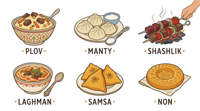 Caucasian and Central Asian traditional food set with plov laghman and shashlik in detailed flat illustration style