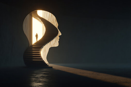 Human silhouette walking up a staircase inside a head shape toward light, symbolizing mental health, self development, inner growth, awareness, and the journey to clarity and transformation