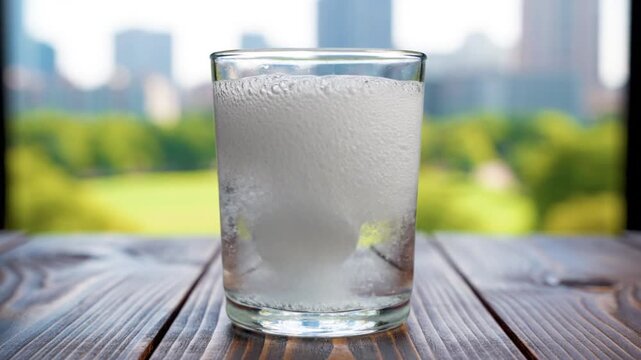 A clear glass of water with an effervescent tablet dissolving and creating foam on a wooden table.