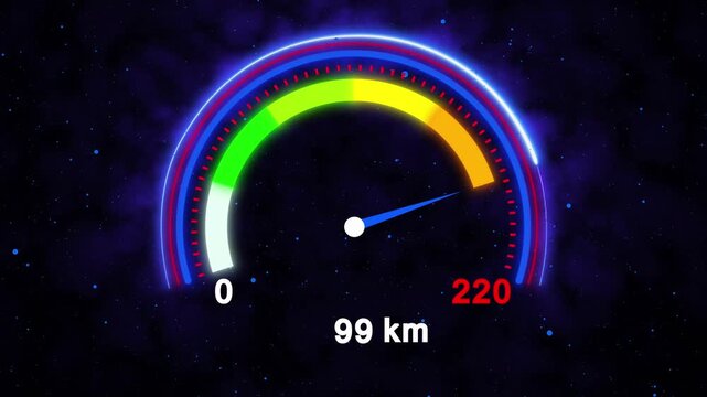 Speedometer dial with blue neon glow stays. Speedometer dial shows speed. This speedometer dial with blue neon glow against cosmic background offers fast automotive tech visuals.