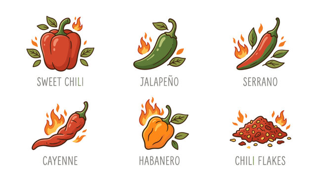 Hot  pepper varieties set in clean flat food illustration style