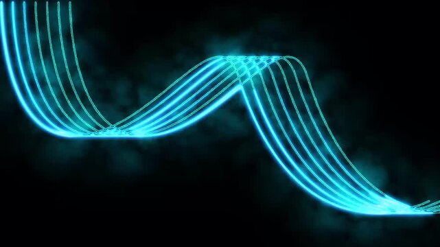 Bright blue neon strands flow fast. Blue neon strands glow on black. These blue neon strands flowing in a wavy pattern with smoky haze provide an abstract motion background visual.