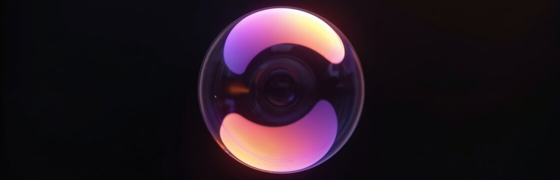 Iridescent purple pink sphere floats on dark background. Glossy glass orb with gradient colors. Abstract geometric shape with light reflections. Futuristic design element perfect for tech.