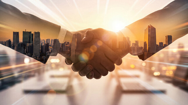 Double exposure photograph of a professional handshake combined with a modern cityscape at sunrise.