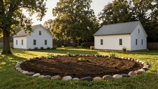 Excavated soil and stone border in a landscaped garden, with two white houses in the background. The raised bed is designed to manage drainage by directing water away from structures.