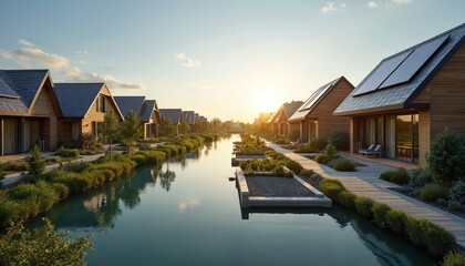 Obraz premium Modern eco-friendly homes line a serene canal. Solar panels adorn roofs, reflecting clean energy. Lush green plants surrounds water, creating sustainable living.