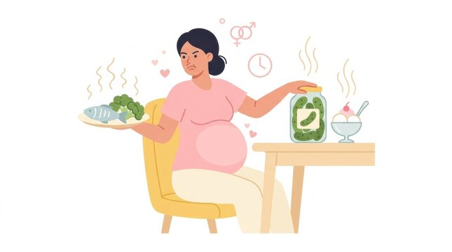 Understanding Common Pregnancy Symptoms and Conditions Through a Medical Illustration Showing Food Aversions and Cravings