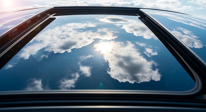 Beautiful sky reflection in the open sunroof of a modern car.