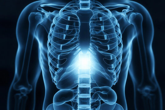 A human torso skeleton, illuminated with a central light source.