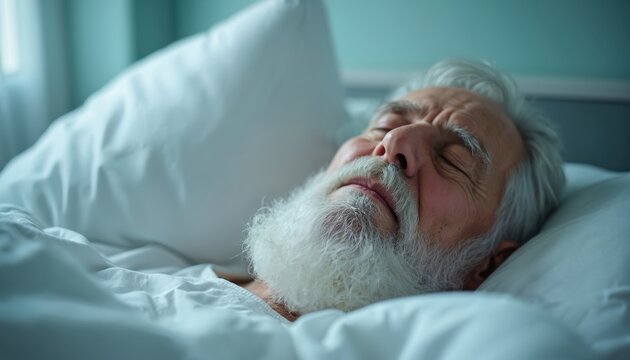 Elderly man with white beard rests peacefully in bed. Calm repose suggests recovery or end-of-life care. He slepic soundly covered by white sheets. Aged person needs comfort.