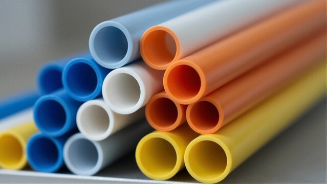 Stack of colorful CPVC pipes in blue, white, orange, and yellow with varying diameters.