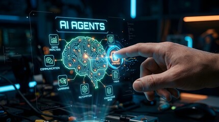 Fototapeta premium Interactive AI Agents Analyzing Brain Data in Futuristic Technology Lab, Digital Interface Close-Up View