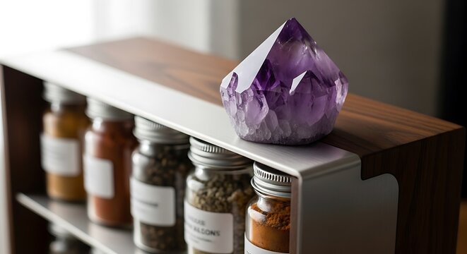 Large Raw Amethyst Crystal Resting on a Modern Kitchen Spice Rack.
