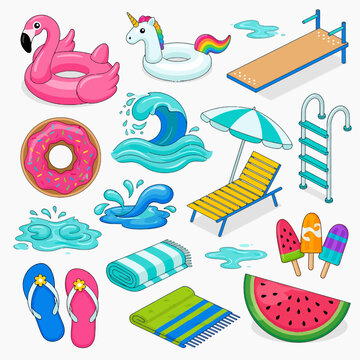 Pool Party Summer Icons Set Flamingo Unicorn Float Donut Wave Umbrella Deck Chair Ladder Popsicle Watermelon Towel Flip Flops Vector