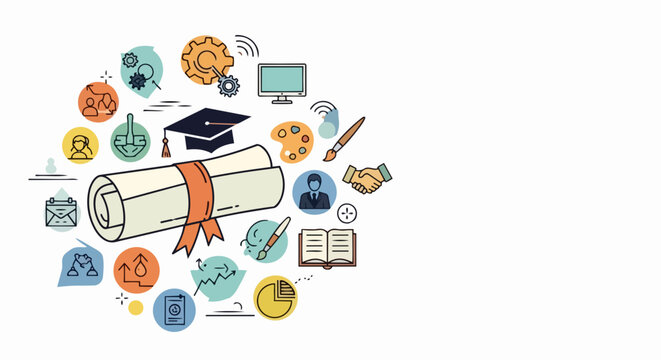 Education concept vector with graduation cap diploma and learning icons. Academic achievement symbols for knowledge and success. Modern education vector for learning resources.