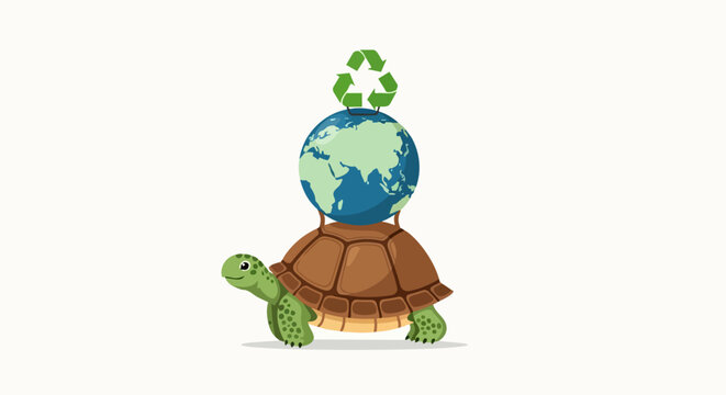 Vector illustration of a turtle carrying planet Earth with recycling symbol on its shell for eco-friendly concept.