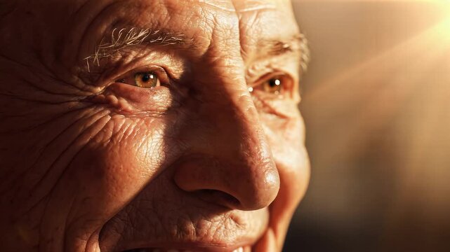 Close-up portrait of a senior person's face bathed in warm golden sunlight, showing wrinkles and a gentle, contented expression.
