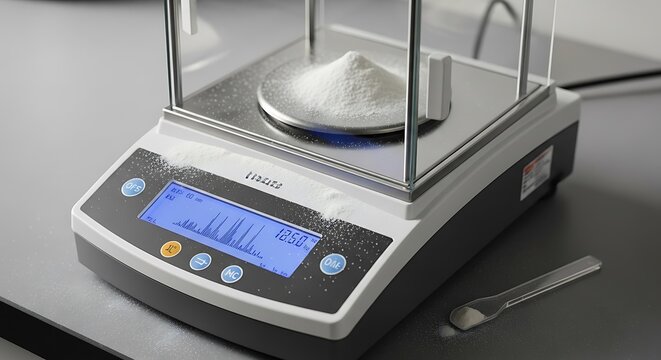 Analytical balance scale weighing a white chemical powder in a laboratory setting.